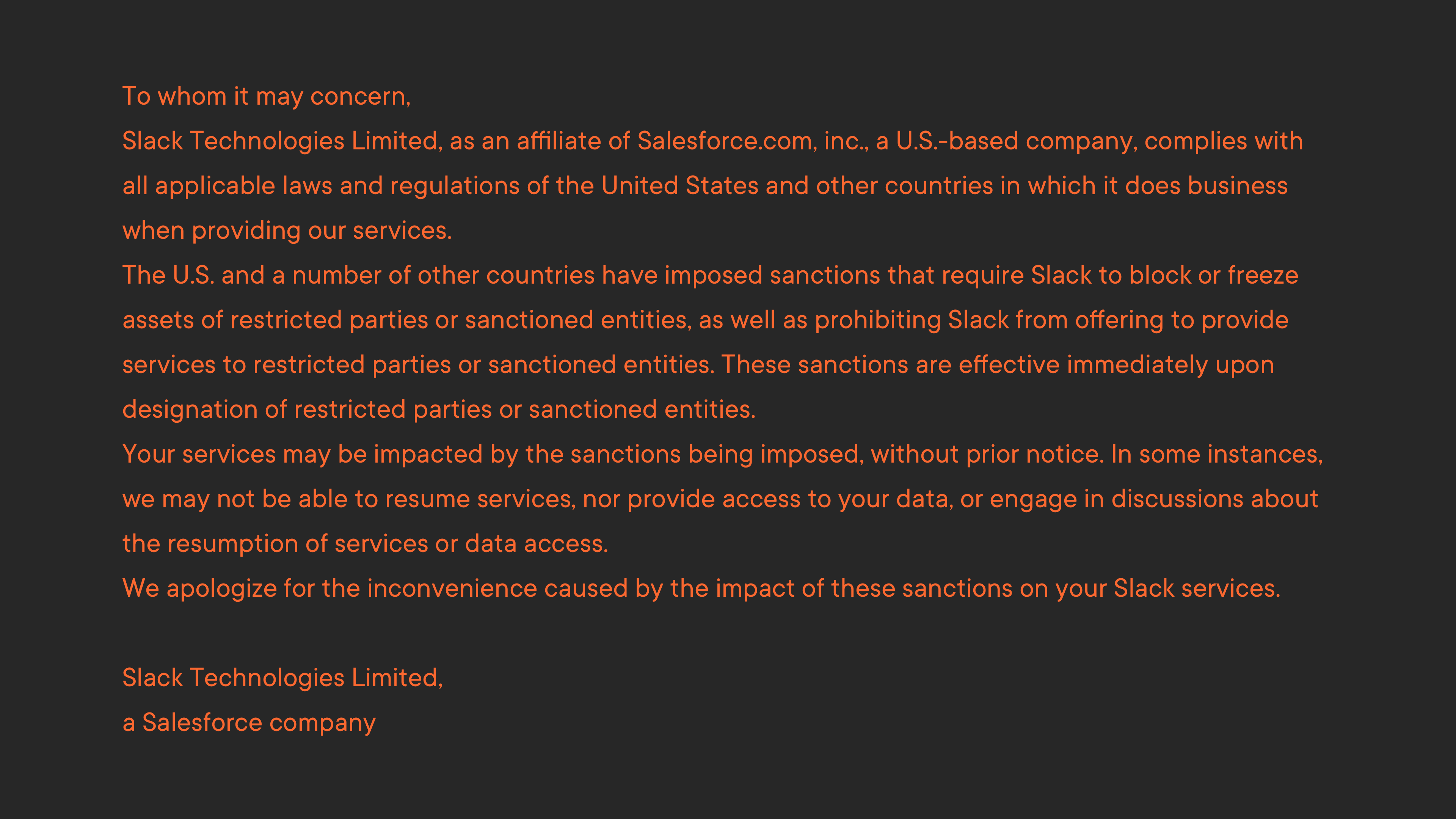 Письмо от Slack о блокировке аккаунта МФТИ