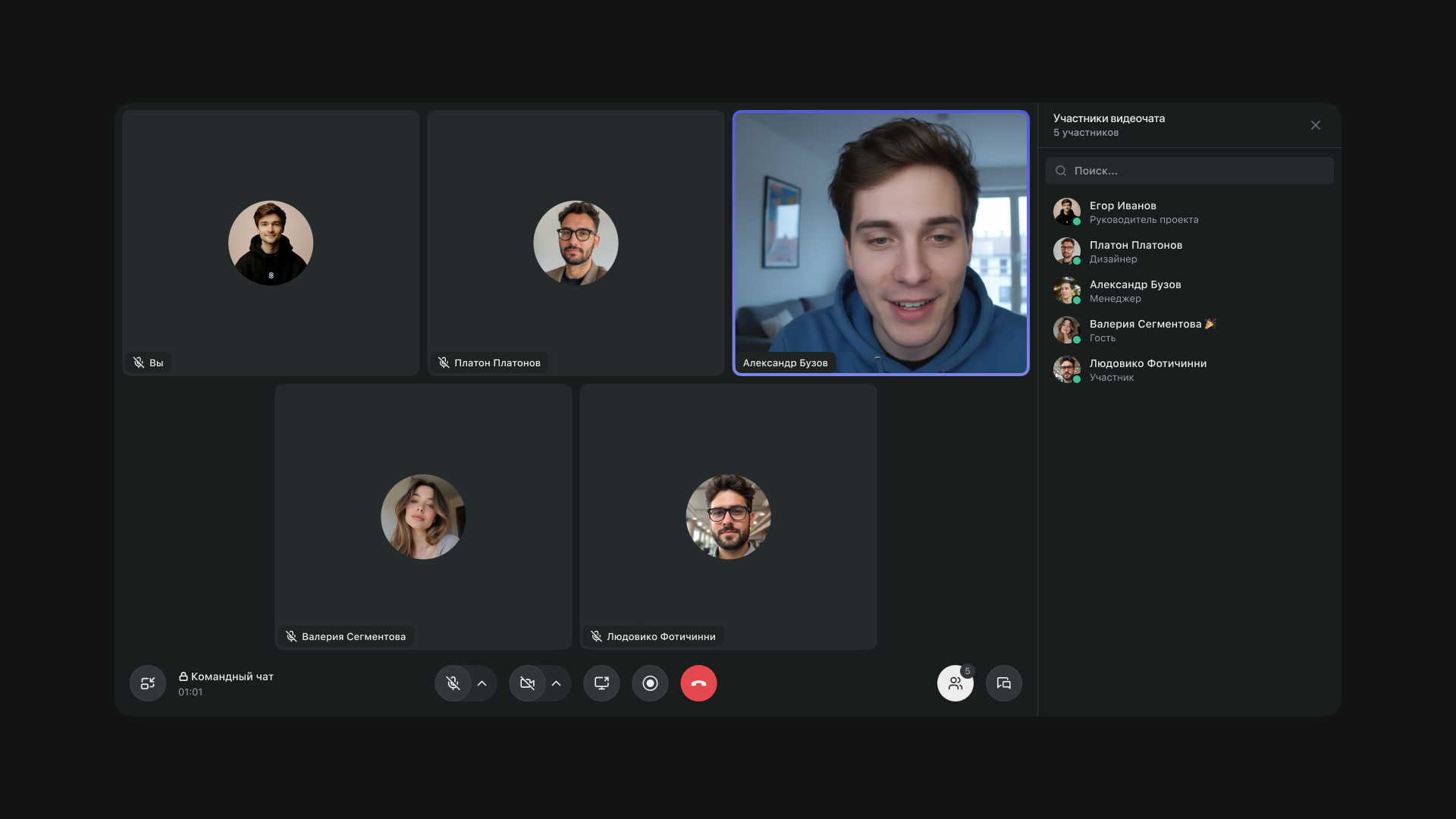 Список участников видеозвонка в Пачке с указанием департаментов